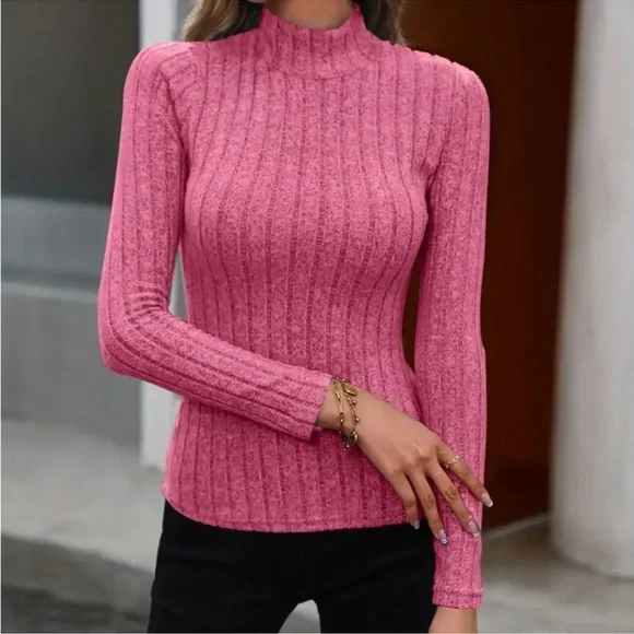 Pink Ribbed Turtleneck Long Sleeve Top - Picture 3 of 4
